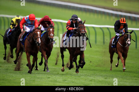 Aphia, geritten von Josephine Gordon (Mitte) auf ihrer Weise zum Gewinnen JW Lees MPA Handicap an Tag zwei der Cambridgeshire Treffen in Newmarket Racecourse. Stockfoto