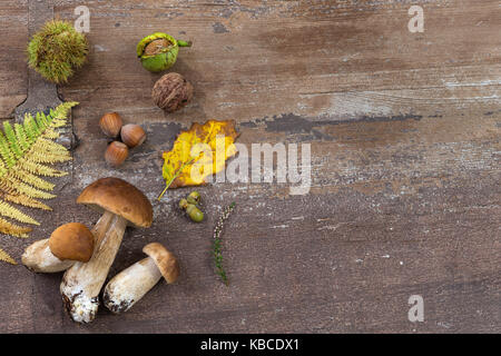 Dekorative Herbst rechten Rand mit Kastanien, Walnüsse, Haselnüsse, Eicheln, ceps, und lässt alte hölzerne Hintergrund Stockfoto