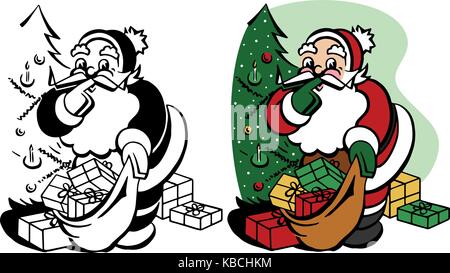 Santa Claus Orte eingepackten Geschenke unter dem Weihnachtsbaum. Stock Vektor