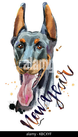 Süßer Hund. T-shirt Grafiken. Aquarell Dobermann Abbildung mit der Inschrift neues Jahr Stockfoto