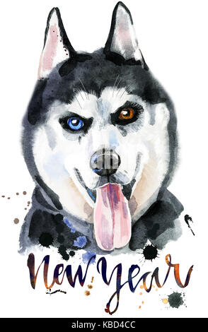 Süßer Hund. T-shirt Grafiken. Aquarell Husky mit der Aufschrift neues Jahr Stockfoto