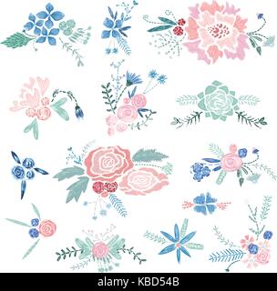 Der romantische Stickerei style Bouquets mit Blumen und Blätter in Pastellfarben Stock Vektor