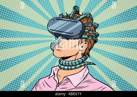 Junger Mann in einer virtuellen Realität, gadget Parasiten. Pop Art retro Vektor vintage Abbildungen Stock Vektor