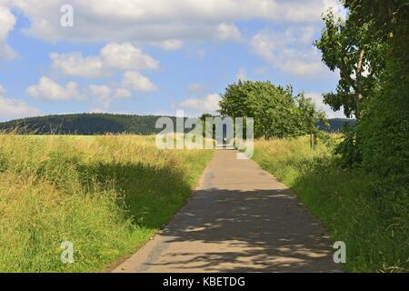 Country Lane in der Nähe von lauenau zwischen Müsli Felder mit den bewaldeten Höhenzug Deister am Horizont, 22. Juni 2016 | Verwendung weltweit Stockfoto