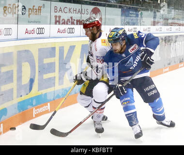 Ingolstadt, Bayern, Deutschland. Sep, 2017 28. von links Florian BOSCH (Berlin), Benedikt KOHL (Ingolstadt), die Deutsche Eishockey Liga DEL, ERC Ingolstadt vs Eisbaeren unterlagen Berlin, Ingolstadt, Saturn Arena, Sept. 28, 2017, Quelle: Wolfgang Fehrmann/ZUMA Draht/Alamy leben Nachrichten Stockfoto