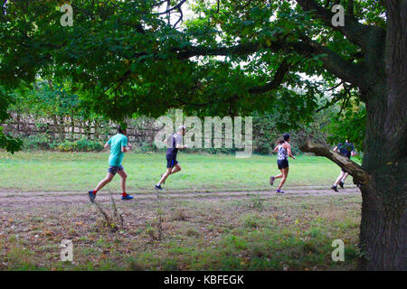 Kesgrave, Suffolk, Großbritannien. 30. September 2017. UK Wetter bewölkt und bedeckt. Parkrunners durch die Bäume im Kesgrave, Suffolk, Großbritannien gesehen. Credit: Angela Chalmers/Alamy leben Nachrichten Stockfoto