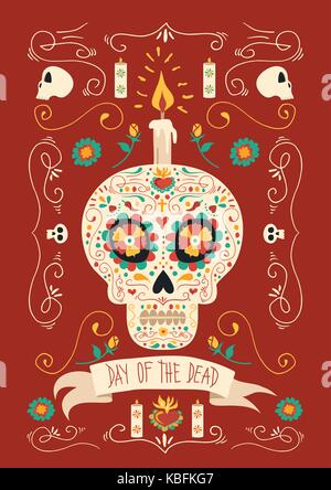 Mexikanischen Tag der Toten poster Illustration, hand Sugar Skull mit traditionellen Tattoo Style Blumen Frühling Dekoration gezeichnet. EPS 10 Vektor. Stock Vektor