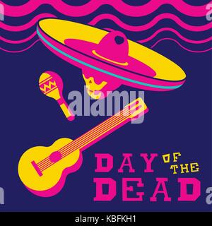 Tag der Toten traditionelle mexikanische Schädel tragen Mariachi sombrero mit Gitarre und Maracas. Moderne Wohnung Stil mit leuchtenden Farben Abbildung. EPS 10 vecto Stock Vektor