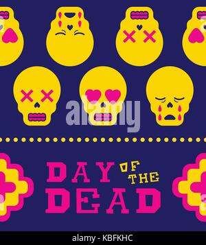 Mexikanischen Tag der Toten traditionellen Feiertag Illustration nahtlose Muster in der modernen flachen Farbe Stil. Mit Liebe, Tod und traurig Sugar Skull emoji I Stock Vektor