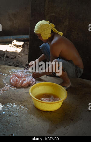 Man aufpumpen Schweine Därme, Angeles, Central Luzon, Philippinen. Stockfoto