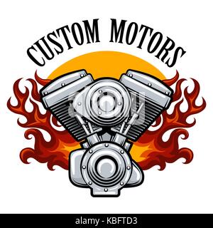 Biker Racing Team, Motorrad Club oder Motorrad Service Badge mit Motor in Flammen. Vector Illustration. Stock Vektor