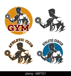Fitnessraum oder Fitness Embleme mit Bodybuilder hält durch. Sport label oder Athletic Club design Element. Vector Illustration. Stock Vektor