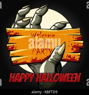 Happy Halloween Poster mit Monster Hand hält Einladung zur Halloween Party. Vector Illustration. Stock Vektor