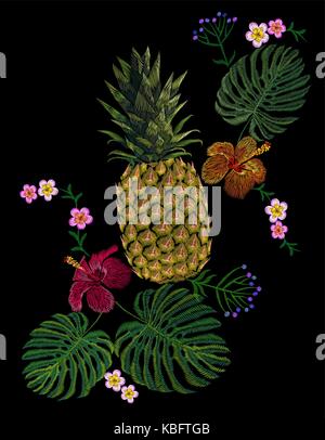 Bestickte exotische gelb Ananas Obst monstera Blätter Hibiskus Blume. Mode drucken Stickerei Textur stitch Deko Patch. Tropic Vektor krank Stock Vektor