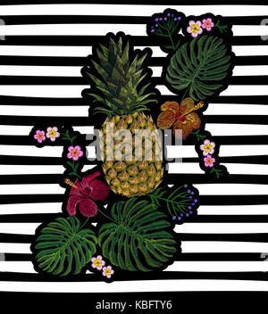 Bestickte exotische gelb Ananas Obst monstera Blätter Hibiskus Blume. Mode drucken Stickerei Textur stitch Deko Patch. Tropic Vektor krank Stock Vektor