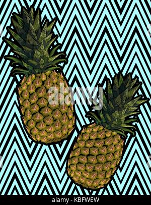 Bestickt gelb Ananas Obst. Mode drucken Stickerei Textur stitch Deko nahtlose Muster. Tropic Vector Illustration auf Gestreifte geometr Stock Vektor