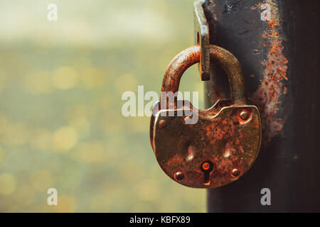 Bügeleisen lock hängen auf der Eisenzaun Stockfoto