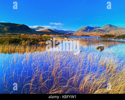 Einen sonnigen Winter Blick auf Loch na h-achlaise auf Rannoch Moor, in der Nähe von Glen Coe in den schottischen Highlands Stockfoto