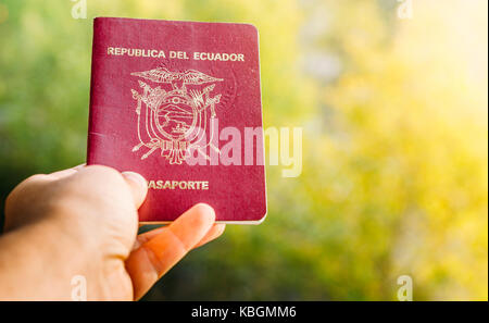 Jemand mit einem Reisepass der Republik Ecuador, isoliert. Ecuador ist in Südamerika Stockfoto