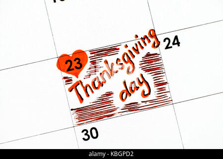 Erinnerung Thanksgiving Tag im Kalender. Close-up. Stockfoto