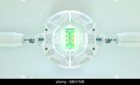Futuristische Bühne mit runden Rahmen grüne Kapsel mit DNA. Zukunft Hintergrund. Biotechnologie Sci-fi Hi Tech Konzept. 3D-Rendering Stockfoto
