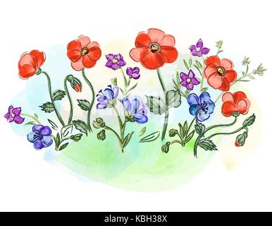 Aquarell blumen Veilchen und Stiefmütterchen und Blätter auf Wiese Stock Vektor