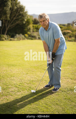 Älterer Mann spielt Golf in Golf konzentriert Stockfoto