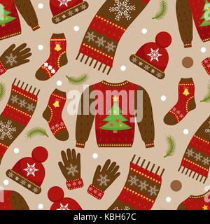 Winter Bekleidung nahtlose Muster. Weihnachten Kleidung sich wiederholende Textur. Warme Kleidung unendliche Hintergrund. Pullover, Handschuhe, Mütze, Socken. Vector Illustration. Stock Vektor