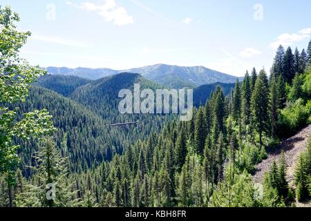 Blick auf den Saint Joe National Forest und die zu Radwegen umgebauten Trestle-Brücken Stockfoto