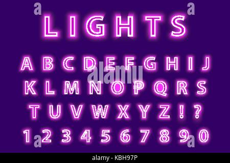 Modernes trendiges Rosa Neon Alphabet auf einem violetten Hintergrund. LED-Leuchten Buchstaben Font. Leuchtende Anzahl. Vector Illustration. Stock Vektor