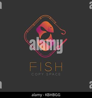 Zwei Fische oder Fische Symbol Symbol und Angelrute set orange violett gradient Color Design Illustration auf dunklem Hintergrund mit Fisch text und Cop isoliert Stock Vektor