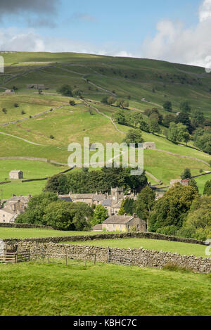 Die schöne Landschaft rund um Muker in Swaledale, Yorkshire Dales, England. Mit dem traditionellen Stein Scheunen oder 'Kuh Häuser ''Kuh' usses'. Stockfoto