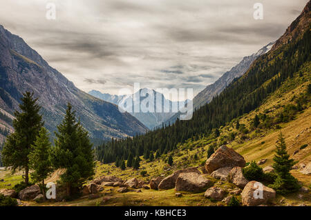 Kirgisistan. Schlucht Barskoon. Landschaft mit einem Stein im Vordergrund. Stockfoto