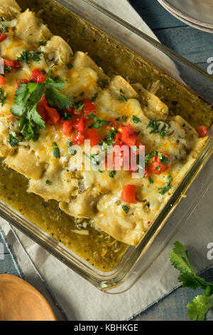 Hausgemachte grüne Chicken Enchiladas mit Koriander und Sauce Stockfoto