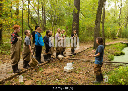 Kinder bereiten über aquatische Biologie und andere ökologische Bildung Aktivitäten im upham Woods outdoor Learning Center zu lernen, ein Teil der Univers Stockfoto