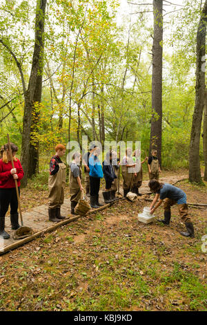 Kinder bereiten über aquatische Biologie und andere ökologische Bildung Aktivitäten im upham Woods outdoor Learning Center zu lernen, ein Teil der Univers Stockfoto