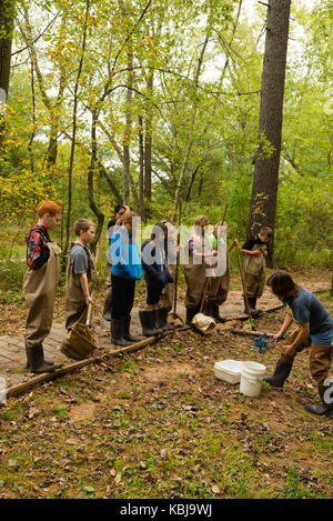 Kinder bereiten über aquatische Biologie und andere ökologische Bildung Aktivitäten im upham Woods outdoor Learning Center zu lernen, ein Teil der Univers Stockfoto