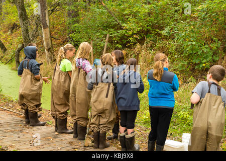 Kinder bereiten über aquatische Biologie und andere ökologische Bildung Aktivitäten im upham Woods outdoor Learning Center zu lernen, ein Teil der Univers Stockfoto