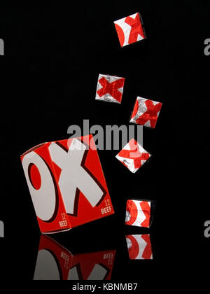 OXO Lager Soße Würfel auf Schwarz mit Reflexion. Rot für Rindfleisch. Stockfoto