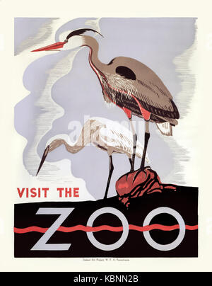 "Besuch im Zoo" Plakat 1936 für Philadephia Zoo mit einem Holzschnitt von zwei Reiher. Im Rahmen der föderalen Projekt Nummer Eins wird gefördert von der Works Progress Administration (WPA) produziert; 1935 erstellt im Rahmen des New Deal von Präsident Franklin D. Roosevelt die Große Depression in den Griff zu bekommen. Stockfoto