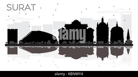 Surat Skyline der Stadt schwarze und weiße Silhouette mit Reflexionen. Vector Illustration. Stock Vektor