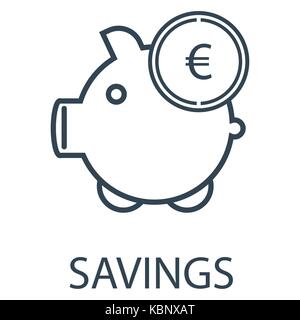 Vector Illustration, Strichzeichnung Einsparungen, piggy Bank Symbol mit Euro Münze web Symbol auf weißem Hintergrund. Ergebnis Stock Vektor