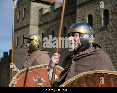 Römische Soldaten aus dem späten 2. frühen dritten Jahrhundert AD, diese Re-enactors 'man' der rekonstruierten Festung in Arbeia, Hadrian's Wall, South Shields Stockfoto