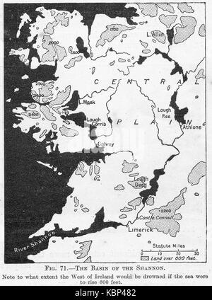 Ein 1914-Karte über die globale Erwärmung und der Meeresspiegel, die zeigen, wie die Becken Shannon in Irland überflutet werden könnte, wenn der Meeresspiegel steigen. Stockfoto
