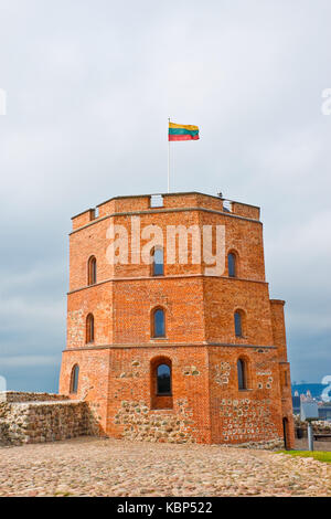 Turm von Gediminas (gedimino) mit litauischer Flagge oben. Symbol von Vilnius, Litauen Stockfoto
