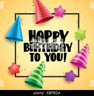 Happy birthday Vektor Grußkarten-Design mit Boarder bunte Hüte und Sterne in Gelb Muster Hintergrund. Vector Illustration. Stock Vektor