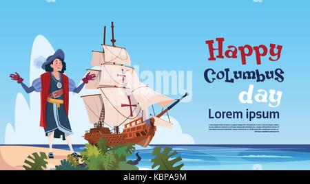 Happy Columbus Day Schiff im Ozean im Urlaub Poster Grußkarten Stock Vektor