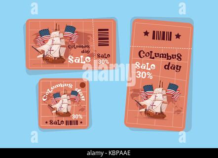 Columbus Day saisonale Urlaub Verkauf Tags Shopping Rabatt Symbole Amerika entdecken Grußkarte Stock Vektor