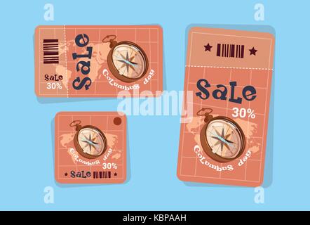 Columbus Day saisonale Urlaub Verkauf Tags Shopping Rabatt Symbole Amerika entdecken Grußkarte Stock Vektor