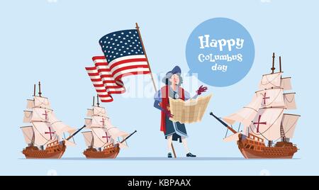 Happy Columbus Day Schiff Amerika Discovery Holiday Poster Grußkarten Stock Vektor